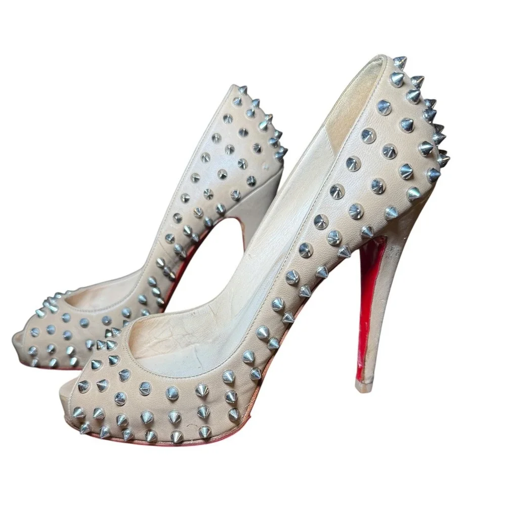 Christian Louboutin Alti Spikes 160 Nude Leather Peep Toe Platform Pumps 38